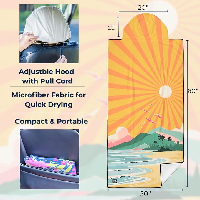 Car Seat Towel Cover – Microfiber Hooded Seat Cover – 30” x 60” Moisture-Wicking Running Seat Protector for Runners – Coastal Vibes