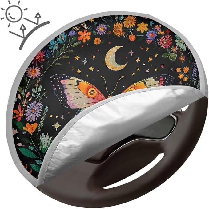 Butterfly Car Steering Wheel Cover Sun Shade,Anti-Heat Steering Wheel Protector,Universal 17 inch Auto Steering Wheel Sun Block Cover,Cute Steering Wheel Accessories for Women