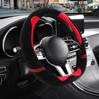 Furry Cute Soft D Shaped Steering Wheel Cover 14 inch Black Red | Fluffy Short Plush Car Accessories, Non-Slip Cold-Proof Sweat-Proof Colorfast, Small 13.5 inch to 14 inch
