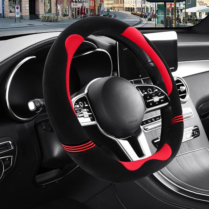 Furry Cute Soft D Shaped Steering Wheel Cover 14 inch Black Red | Fluffy Short Plush Car Accessories, Non-Slip Cold-Proof Sweat-Proof Colorfast, Small 13.5 inch to 14 inch