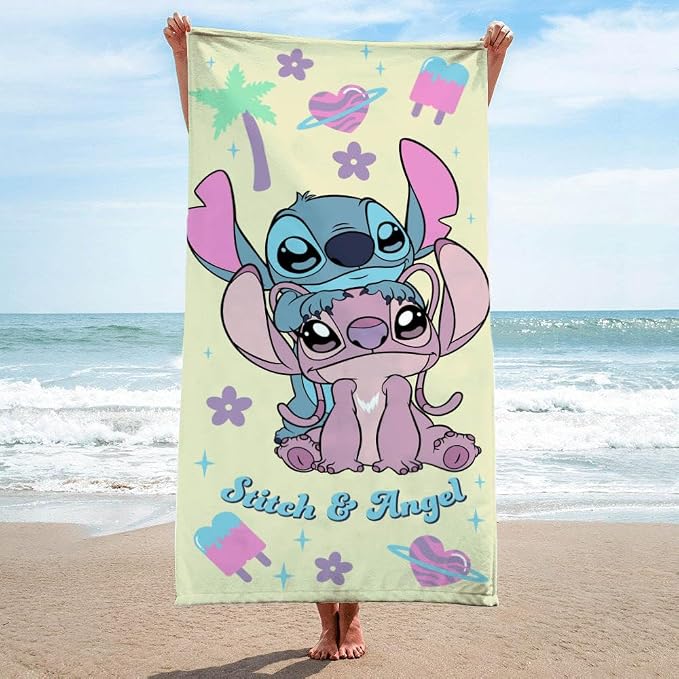 Kids Beach Towel - 100% Cotton Super Soft Absorbent Bath Towel, 28" x 58" Inch Lightweight for Travel, Official Licensed Product, Yellow - Lilo and Stitch