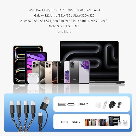 USB C Splitter Multi Charging Cable,USB A/C to USB C Charging Cord,Dual Type C Charger Cord,4 in 2 Multi Charger Cord with 4 Type-C Connectors Compatible with iPhone16/15/Cell Phones Tablets and More.