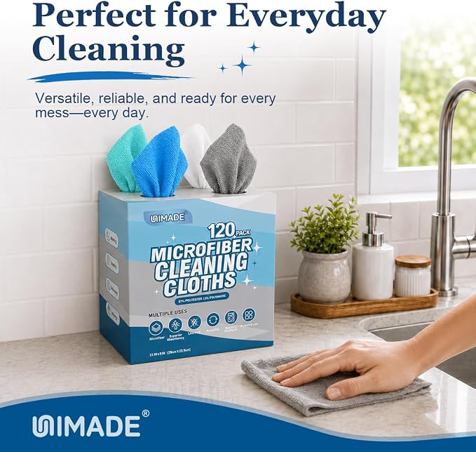 Microfiber Cleaning Cloth, 120 Pack Reusable Paper Towels Microfiber Towels for Cars Lint Free Shop Rags with for Home Kitchen Automotive, 11"x 9", White & Grey & Light Blue & Blue