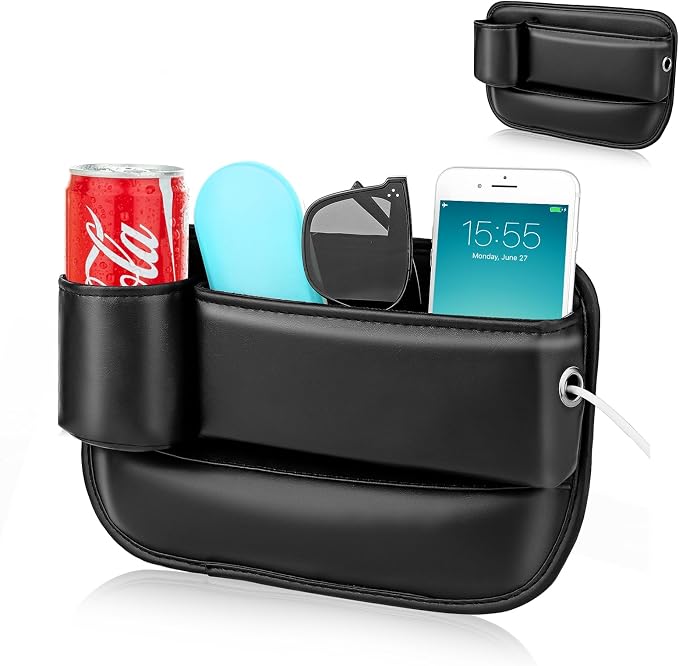 Universal PU Leather Car Seat Gap Filler Organizer with Cup Holder | Center Console Multi-Purpose Essentials Organizer with Phone, Keys, Card Storage Bag, Gifts for Car SUV Truck Owners