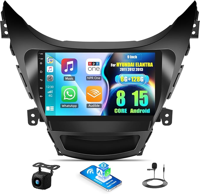 8 Core 6G+128G Android Car Stereo Radio for Hyundai Elantra 2011 2012 2013 with 360° Panoramic View 9 Inch Touch Screen Wireless CarPlay Android Auto Backup Camera GPS Navigation WiFi