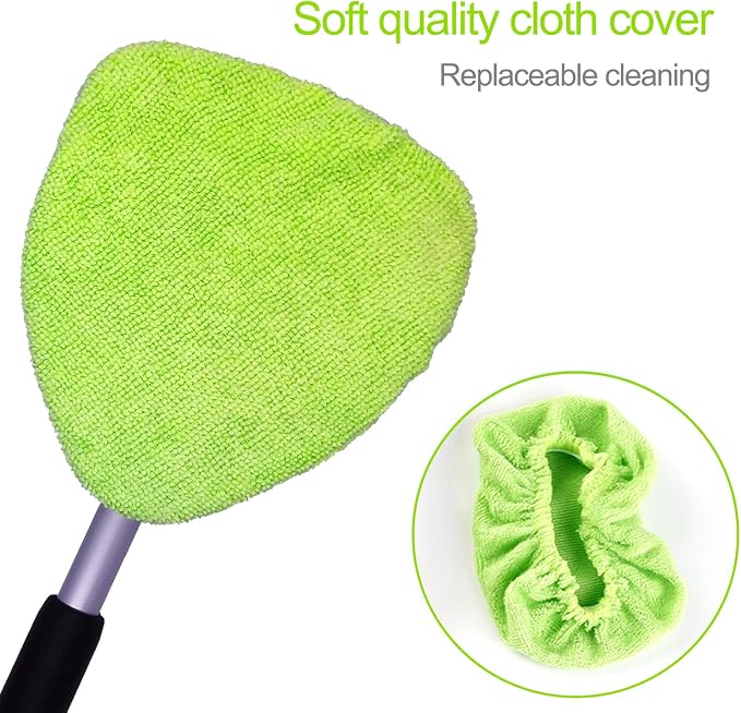 XINDELL Windshield Cleaning Combo – Upgrade Large-Head Car Window Cleaner Tool with Extendable Handle & 4 Pads + 5-Pack Replacement Microfiber Triangular Covers for Interior/Exterior Auto Glass, Strea