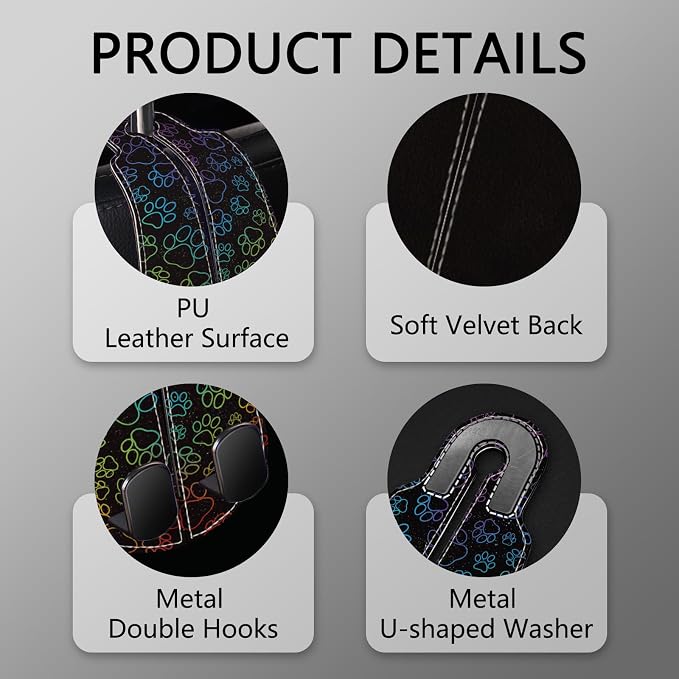 2PCS Car Seat Back Storage Headrest Hooks, Dog Paw Purse Holder Bags Hanger, PU Leather Double Metal Hook for Backseat Organizer, Women Car Accessories Organization