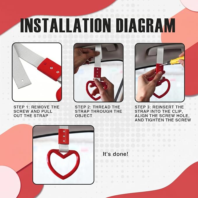 2PCS Heart Shaped Car Handle Straps, Rear Bumper Warning Keychain Ring for Car Exterior Accessories (Red-Silver)