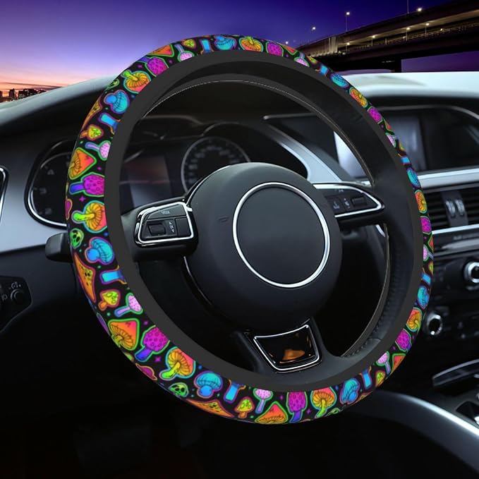 Mushroom Steering Wheel Cover Anti-Slip Universal for 14.5-15 Inch Car Steering Wheel Cover with 2 Pieces Car Coasters Suitable for Men Women