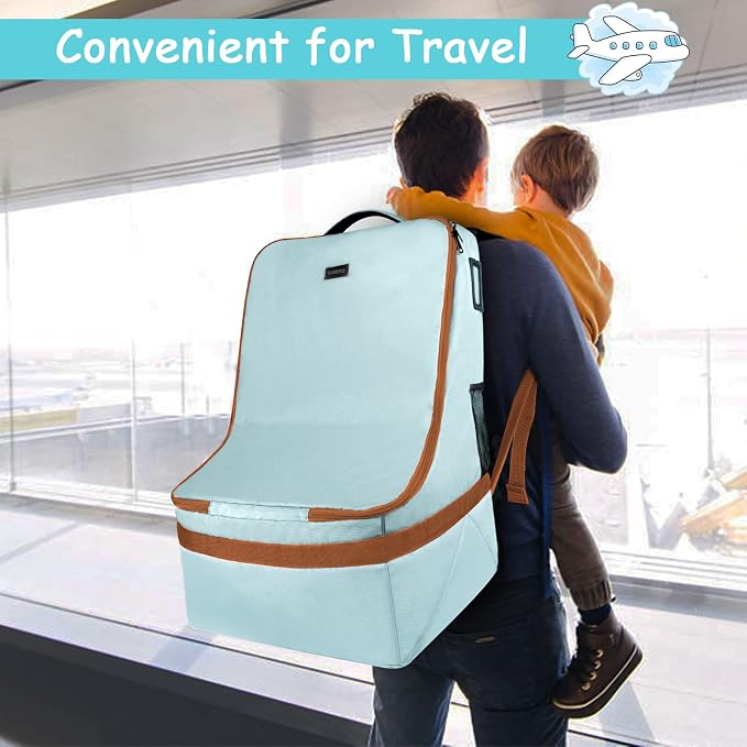Padded Car Seat Travel Bag for Air Travel, Carseat Cover Backpack with Shoulder Straps, Large Carseat Gate Check Bag, Baby Travel Essential(Light Cyan)