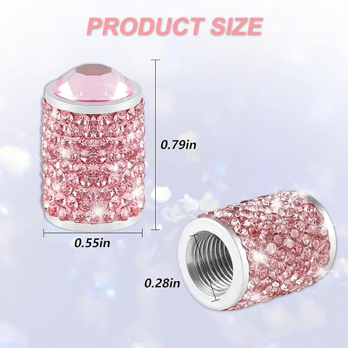 Car Wheel Tire Valve Caps, 4 PCS Bling Tire Valve Caps, Crystal Tire Caps Shinny Rhinestone for Women, Universal Car Dustproof Tire Valve Caps for Cars, Trucks, SUV and Motorcycles (Pink)