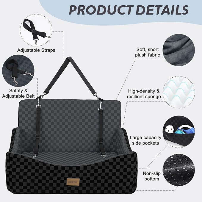 Dog Car Seat for Medium/Large Dogs - Reversible Dual-Sided Travel Dog Car Bed with Memory Foam, Washable Pet Booster Seat for Dogs up to 55 lbs or 2 Small Dogs, 2 Safety Leashes, Dark Grey