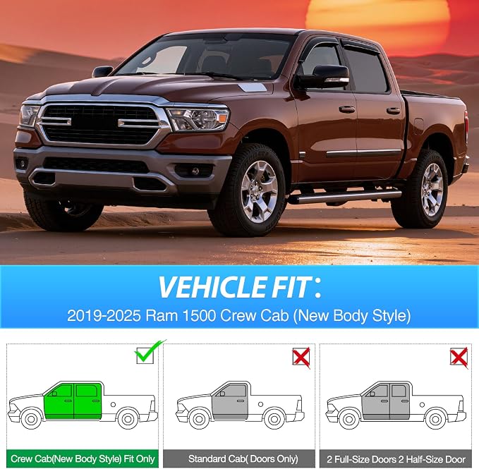 Tape-On Window Visors for Ram 1500 Crew Cab (New Body Style) 2019 2020 2021 2022 2023 2024 2025, Outside Mount Rain Guards Vent Visors Window Deflectors, Smoke Tint, 4PCS