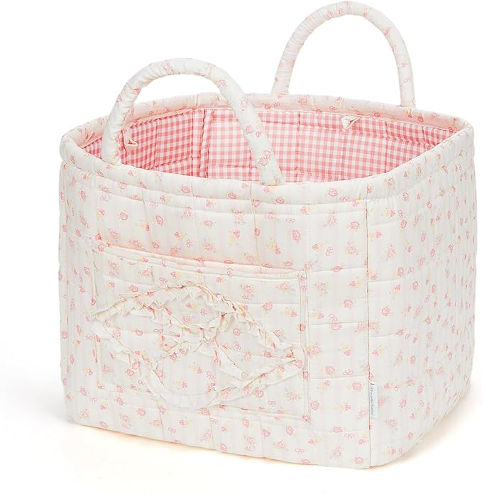 Floral Fabric Storage Basket Car Interior Storage Basket Underwear Sundries Laundry Baskets Supplies Home Organizer Bag (pink+white bow)