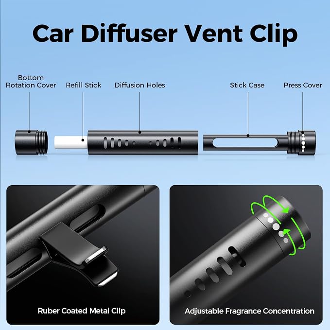 Car Air Freshener Diffuser Vent Clips, Black, 2pcs | 12 Odorless Refill Sticks, Essential Oil Diffuser, For Car/Office/Bathroom, Car Decoration Accessory