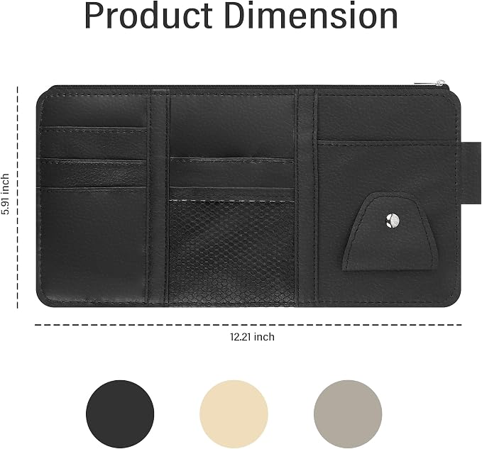 Car Visor Organizer with Sunglass Holder,Multi-Functional Car Sun Visor Organizer with Zipper for Cards,Money,Tickets,Leather Interior Accessories (Black)