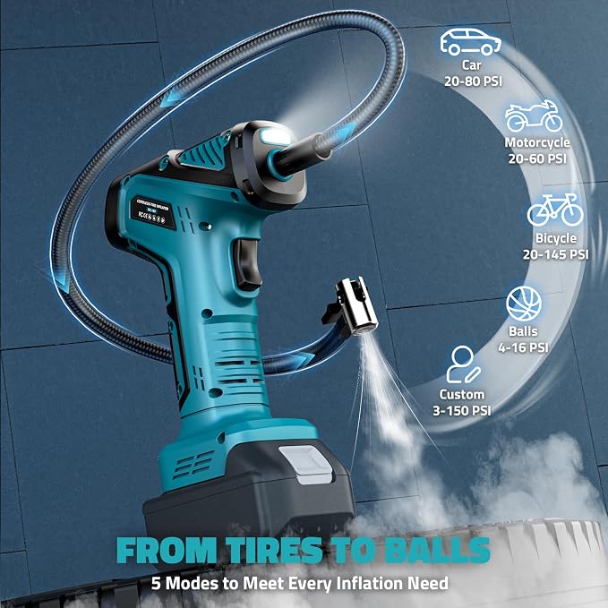 150PSI Tire Inflator Portable Air Compressor: Cordless Air Pump Compatible with Makita 18V Battery - Car Tire Pump with Digital Pressure Gauge & LED Light for Auto, Motorcycles (Tool Only)