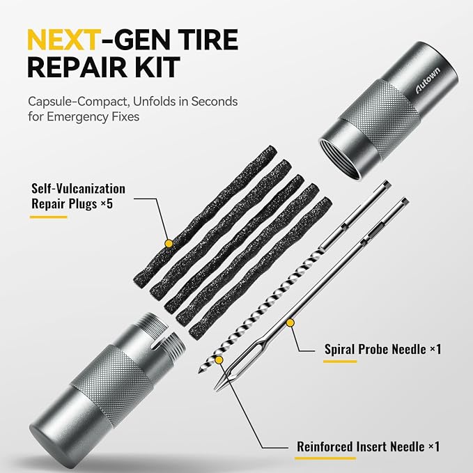 Compact Tire Repair Kit with Plugs Fix Punctures & Plug Flats with Ease - Capsule Style Flat Tire Puncture Repair Kit for Motorcycle, Car, ATV, UTV, Mountain Bike, Etc