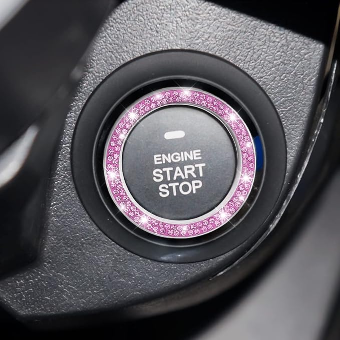Car Bling Crystal Rhinestone Engine Start Ring Decals, 2 Pack Car Push Start Button Cover/Sticker, Key Ignition Knob Bling Ring, Sparkling Car Interior Accessories for Women (Double Purple)