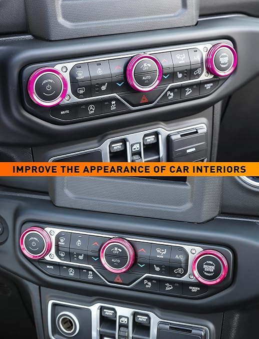 Climate Control Panel Knob Trim Kit & Light Control Switch Cover, Air Conditioner Knob Aluminum Alloy Ring for 2018-2024 Jeep Wrangler JL JLU & Gladiator JT, Interior Accessories, Pink