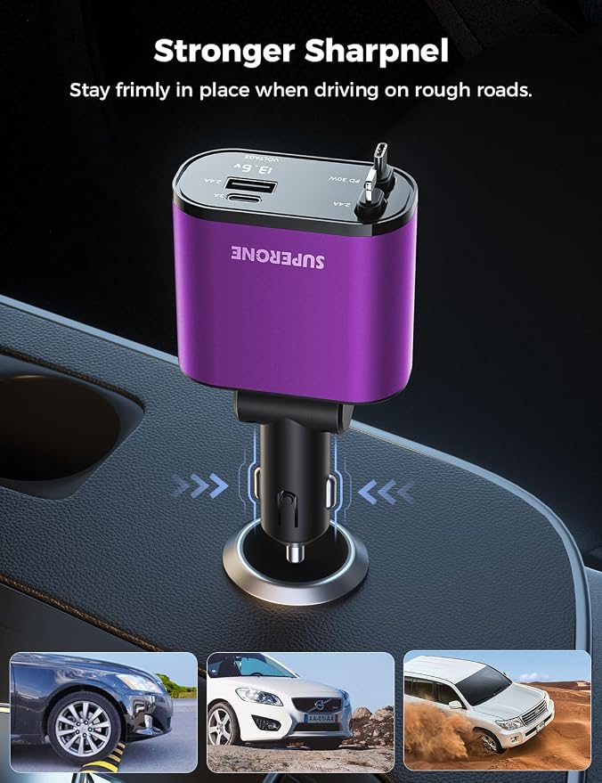 【Upgraded】 Retractable Car Charger 4 in 1, Fast Car Phone Charger with Cord 2.6ft, USB C and Apple Car Charger Adapter, Compatible with iPhone 17/16/15/15 Pro Max/14/13/12/11, Galaxy, Pixel