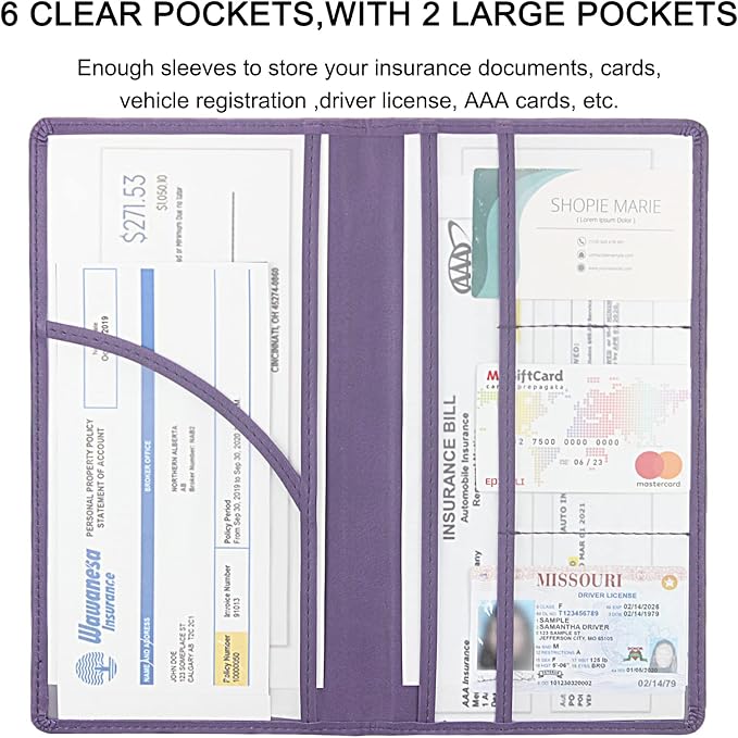 Premium Car Registration & Insurance Card Holder with Magnetic Shut, Vehicle Glove Box Car Organizer - For Documents, Cards, License (Purple)