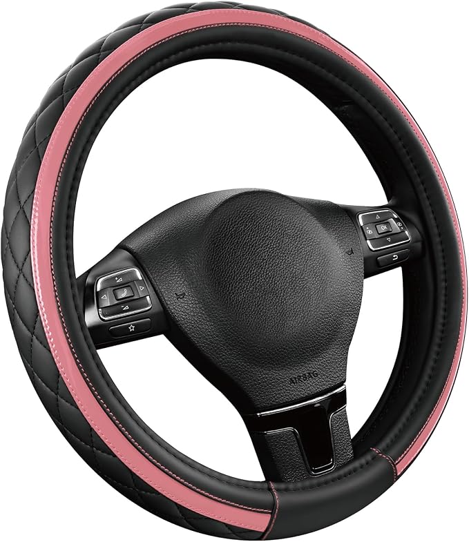 Leather Steering Wheel Cover – Black & Pink, Universal Fit 14.5-15 Inch, Microfiber Leather, Anti-Slip & Breathable Design for Men and Women