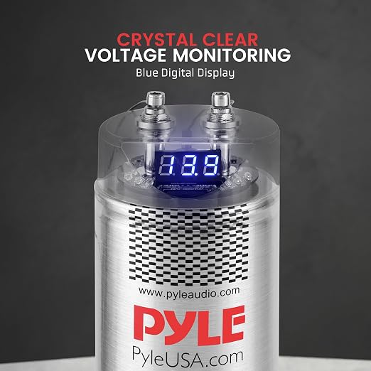Pyle 5.0 Farad Digital Power Capacitor for Car Audio Systems - LED Voltage Display, Over Voltage Protection, 12-24V DC, Chrome Terminals, Mounting Hardware Included, PLCAPE50