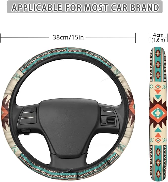 Southwest Aztec Beige Cyan Auto Steering Wheel Cover for Women Men, Universal 15 Inch Soft Elastic Steering Wheel Wrap Anti-Slip Easy to Install Car Accessories