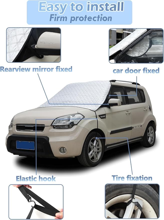 Car Windshield Snow Cover Compatible with Kia Soul 2010-2023 2024 2025+, Windshield Cover for Ice and Snow, 4-Layer Protection for Snow, Ice, UV, Frost Wiper & Mirror Protector, Sunshade Cover