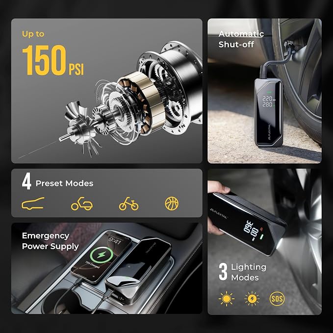 Portable Tire Inflator, Rechargeable Electric Air Pump with Knob Pressure Control, Cordless Air Compressor for Car Tires, Bike, Balls, Digital Pressure Gauge, Auto Shut-Off.