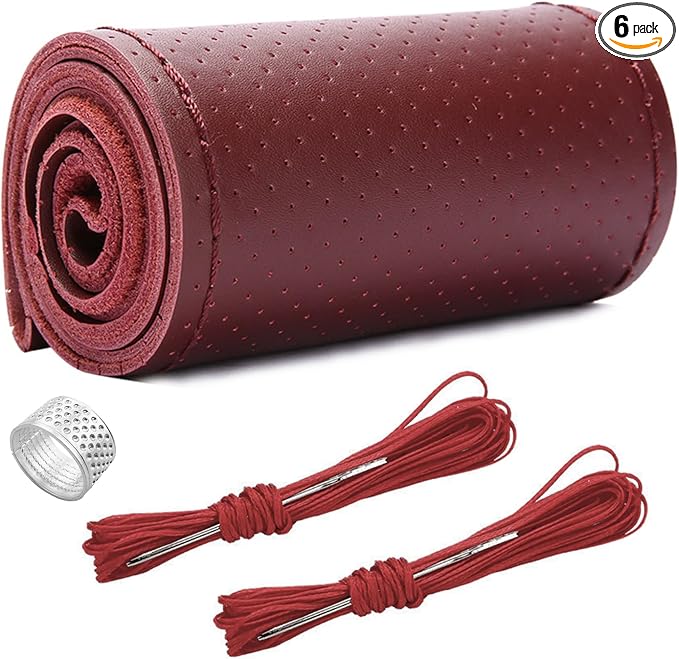 Genuine Leather Steering Wheel Cover, Stitch on Wrap, Breathable Anti-Slip Car Steering Wheel Protector for Max Diameter 15 Inch, DIY Sewing with Needles Thread (Wine Red, Hole)