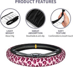 Pink Leopard Pattern Steering Wheel Cover Pink Cheetah Pattern Steering Wheel Cover Anti-Slip Breathable 15 Inch Universal 2 Pcs Car Interior Cup Holder Pad for Men Women