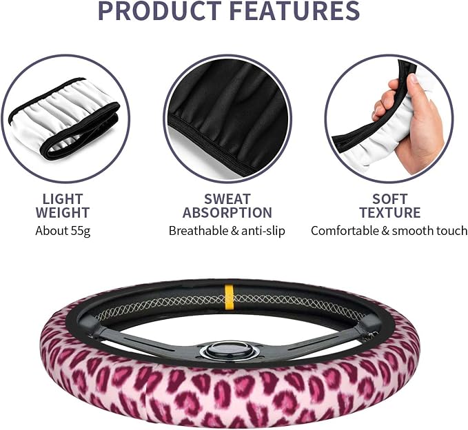 Pink Leopard Pattern Steering Wheel Cover Pink Cheetah Pattern Steering Wheel Cover Anti-Slip Breathable 15 Inch Universal 2 Pcs Car Interior Cup Holder Pad for Men Women