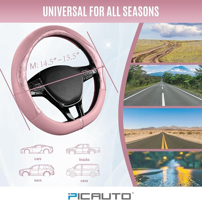 Steering Wheel Cover, Pink Patterned Leather Patchwork Design, Universal Fit 14.5"–15.5" D-Shape Steering Cover, Soft PU Grain Leather, Durable Grip Car Accessory for Girls & Women