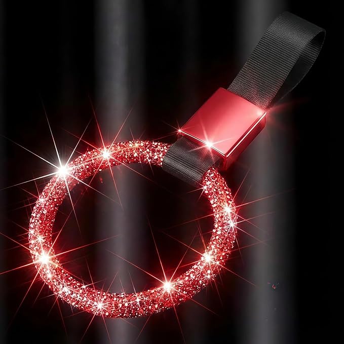 Bling Car Accessories Bling Round Handle Ring Car Accessory for Women Hand Strap Drift Charm Rear Bumper Warning Ring Decor for Auto Bus Interior Exterior Decoration(Red, Round Style)