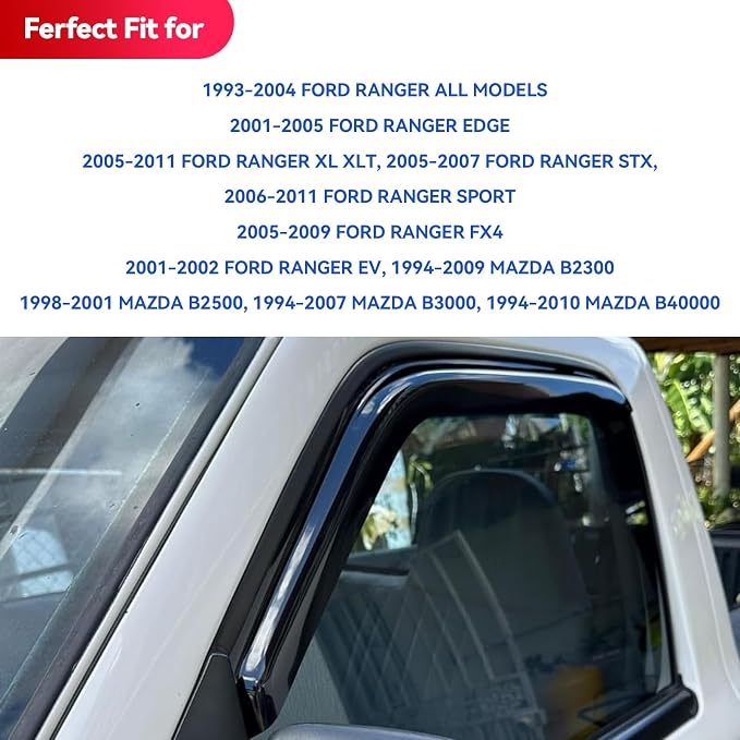in-Channel Window Visors Rain Guards for 1993-2011 Ford Ranger, Window Vent Wind Deflectors Visors Shades for 1994-2009 Mazda B2300, 1998-2001 Mazda B2500, 1994-2007 Mazda B3000, 2PCS