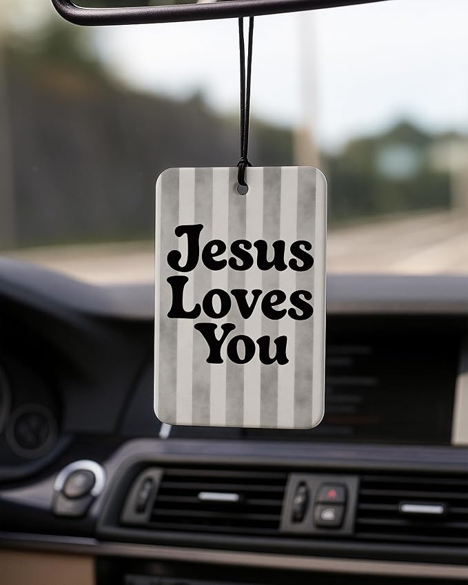 Grey Boho Christian Car Air Freshener 4 Pcs Coconut Scented, Jesus Loves You Car Accessories Mirror Decor, Inspirational Religious Hanging Air Freshener for Cars Closet Drawer Books Kids Room