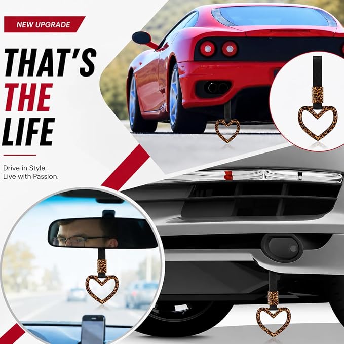 Leopard Heart Car Handle Strap Drift Charm Car Accessories for Women Cheetah Rear Bumper Warning Ring Decor for Auto Bus Subway Interior Exterior Decorations(Leopard, Heart Style)