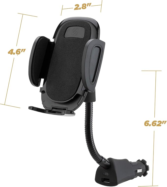 Universal 12V Car Phone Mount with USB Charger, Phone Holder with Cigarette Lighter Adapter for 12V Socket Plug-In, Flexible Gooseneck, Adjustable Cradle for iPhone & Android Cell Phones