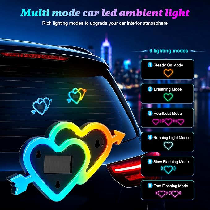 Solar Heart Car Window Light LED Heart-Shaped Ambient Lights 8 Modes 1PC | USB + Solar Assist Power, Color Changing 8 Modes Cupid's Heart-shaped Lights, Rainbow Window Decorative Suction Cup Install