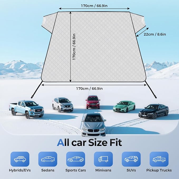 Car Windshield Cover for Ice and Snow Heavy Duty 600D Oxford Fabric with Side Mirror Cover,Standard Winter Frost Hail Protector for Most Car, Truck, SUV, Van and MPV (66x 47Inch)