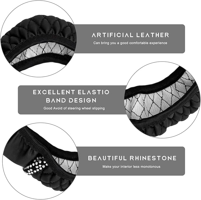 Bling Car Steering Wheel Cover, 15 Inch Sparkly Rhinestone Soft Leather Steering Wheel Protector, Non-Slip Universal Auto Elastic Steering Wheel Covers for Women Girls (Black)