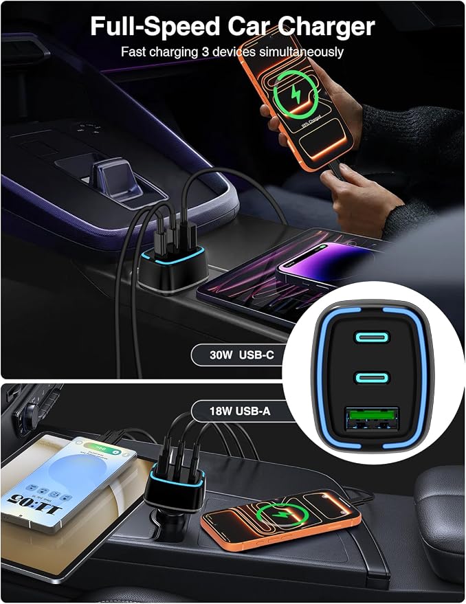75W USB C Car Charger, 3-Port Super Fast Charging PD 3.0 & QC 3.0 Cigarette Lighter Adapter for iPhone 17/16/15 Pro Max, Samsung Galaxy S26/S25/S24 Ultra, with 4Pack 3FT+6.6FT Type C Cable