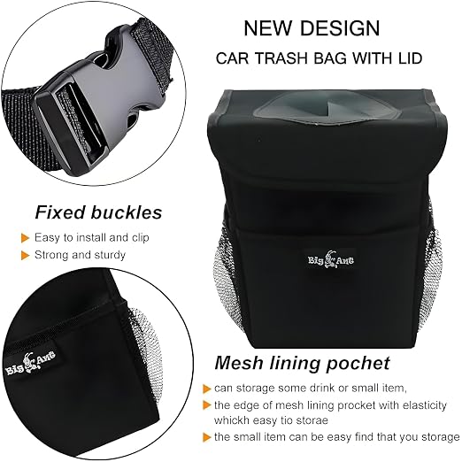 Car Trash Can with Odor-Trapping Lid & 100% Leakproof Liner, Multipurpose Hanging Organizer for SUV & Truck, Keep Vehicles Clean on Family Road Trips