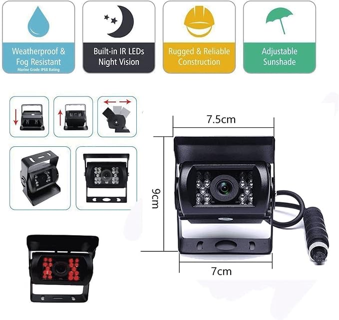 7" Backup Camera with Monitor Kit, Waterproof 18 IR LED Night Vision Reverse Camera + Rear View Monitor Vehicle Parking System for RV Bus Trailer Truck (65ft 4-Pin Aviation Video Cable)