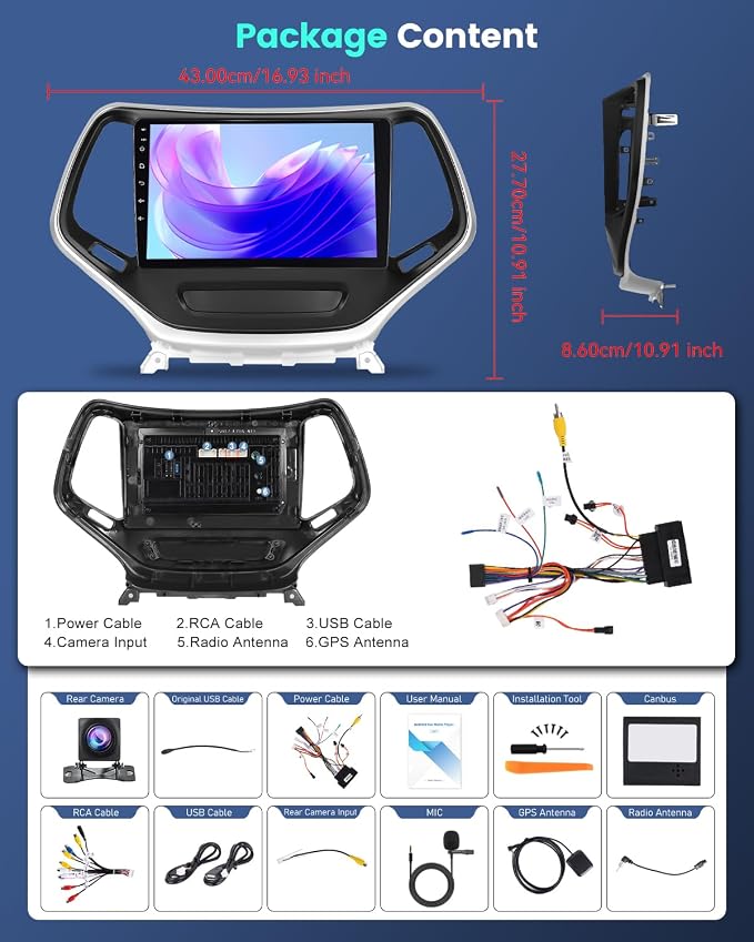 4+64G Android Car Stereo for Jeep Cherokee Sport 2014 2015 2016 2017 with Wireless Carplay/Android Auto - 10 Inch HD Touchscreen Radio with 32EQ DSP/5G WiFi/GPS/SWC + AHD Rear View Camera
