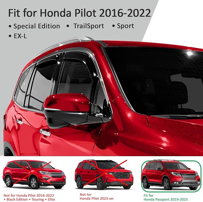 Voron Glass in-Channel Extra Durable Rain Guards for Honda Pilot 2016-2022, Window Deflectors, Vent Window Visors, 4 Pieces - 200864