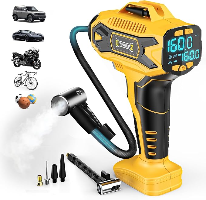 Cordless Tire Inflator Air Compressor Compatible with Dewalt 20V Battery, 160PSI Portable Air Pump with Digital Pressure Gauge, Fast Inflation for Cars, Motorcycles, Bikes (Tool Onlyl)