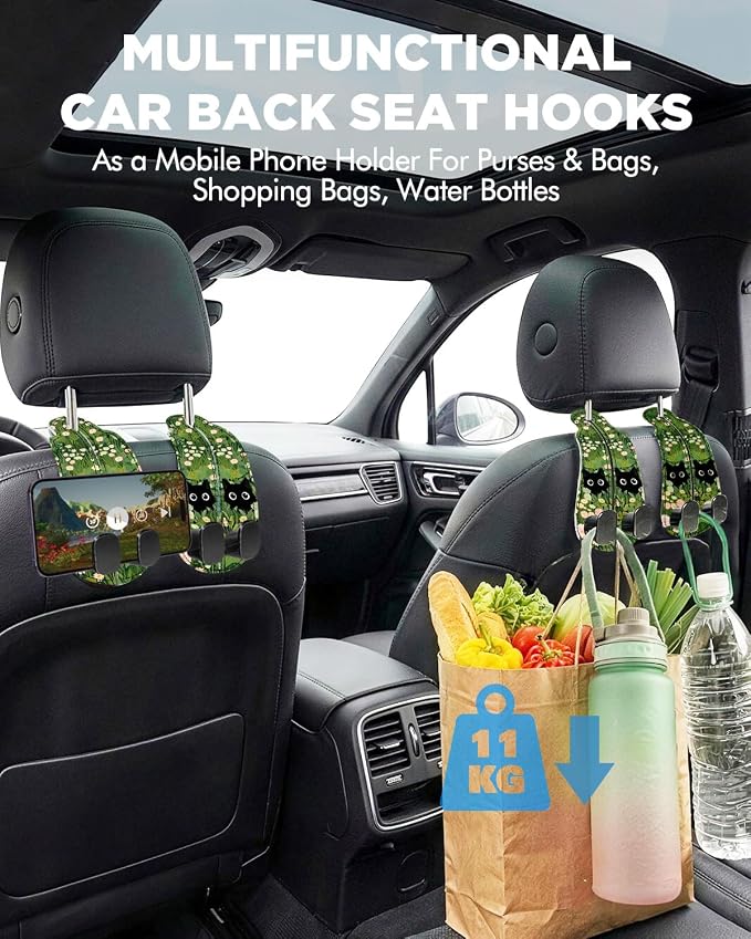 Purse Holder for Car, 2 Pack Heavy Duty Purse Hanger for Car, PU Leather Car Seat Hooks for Purses and Bags, Cute Grass Cat Headrest Organizer for Handbags & Backpacks